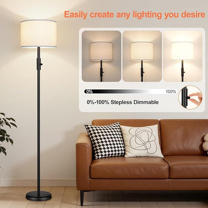 【Upgraded】 Dimmable Floor Lamp, 1000 Lumens LED Bulb Included, Modern Floor Lamps Simple Design with White Shade for Living Room, Tall Standing Lamp for Bedroom Office Dining Room, Black Pole Lamp