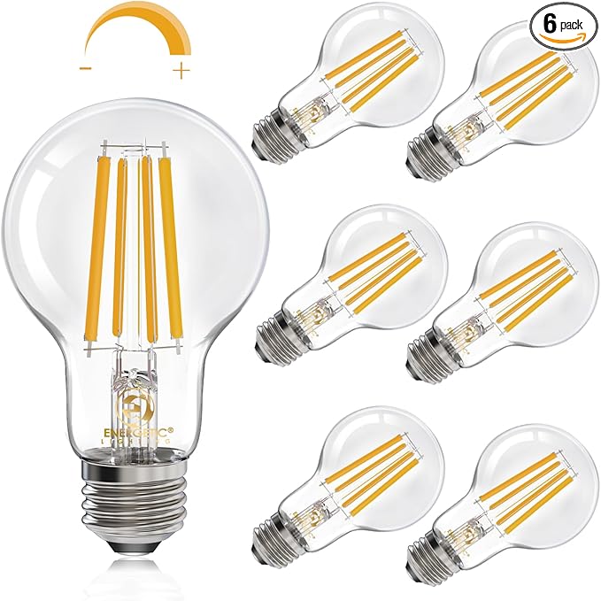 Energetic Dimmable A19 LED Edison Light Bulb, 12W Equivalent 100W, 1600LM High Brightness, 2700K Soft White, Clear Antique LED Filament Bulb for Home, Bathroom, E26 Standard Base, 6-Pack