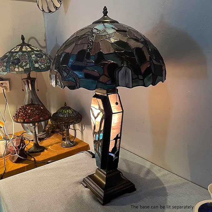 Bieye L10987 Ravens in Spooky Cemetery Tiffany-Style Stained Glass Table Lamp with Coffin Base Night Light - Gothic Graveyard Scene (Dark Orange, 16Wx26H inch)