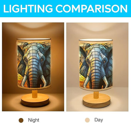 Elephant Table Lamp LED 3-Color Pressed Bedside, Elephant Shade Lamp with Wood Base for Bedroom Living Room Desk Office TL01
