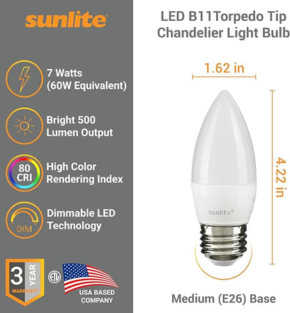 Sunlite LED B13 Torpedo Decorative Chandelier Light Bulb, 7 Watts (60W=), 500 Lumens, 120 Volts, Dimmable, E26 Base, ETL Listed, Torpedo Frosted, Title-20, 2700K Soft White, 6 Pack