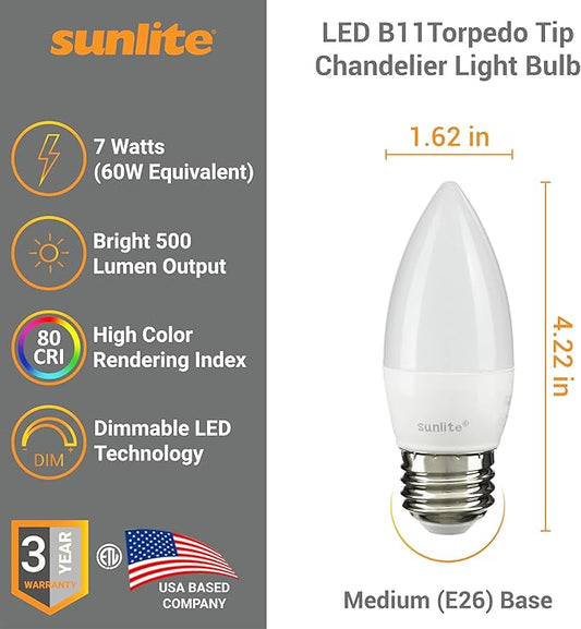 Sunlite LED B13 Torpedo Decorative Chandelier Light Bulb, 7 Watts (60W=), 500 Lumens, 120 Volts, Dimmable, E26 Base, ETL Listed, Torpedo Frosted, Title-20, 2700K Soft White, 6 Pack