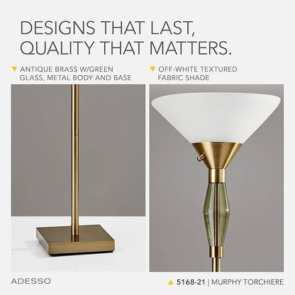 Adesso Torchiere Floor Lamp with Antique Brass Finish & Green Glass – 71” Tall, Dual Socket, Adjustable 3-Way Lighting for Bedroom or Living Room