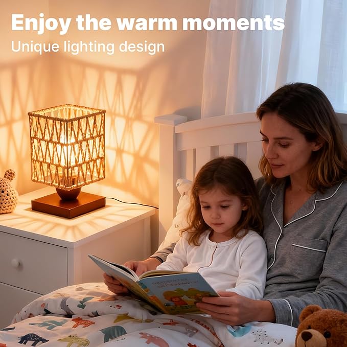 Boho Small Table Lamp,Vintage Wicker Wooden Nightstand Bamboo Woven End Table Lamps,Farmhouse Rattan Beside Lamp for Room Decor, for Bedroom Living Room Desk Kids Room(LED Bulb Included) (B)
