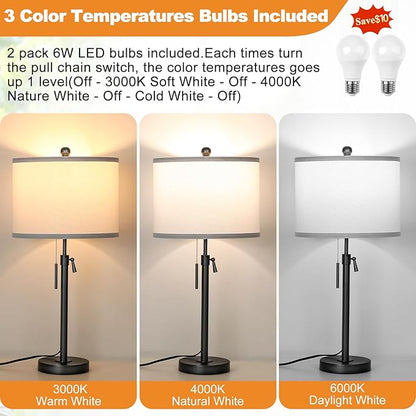 Table Lamps for Bedrooms Set of 2, 22" to 30" Height Adjustable Nightstand Lamps with Linen Shade, Pull Chain Switch Lamps for Living Room, 3 Way Dimmable Beside Lamp