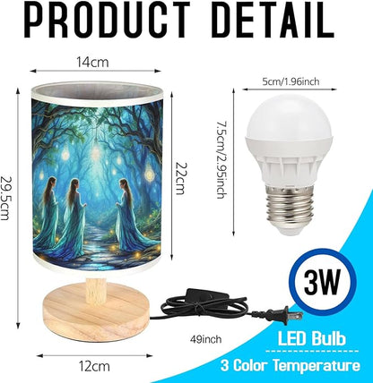 Elves in an Enchanting Table Lamp LED 3-Color Pressed Bedside, Elves in an Enchanting Shade Lamp with Wood Base for Bedroom Living Room Desk Office TL01