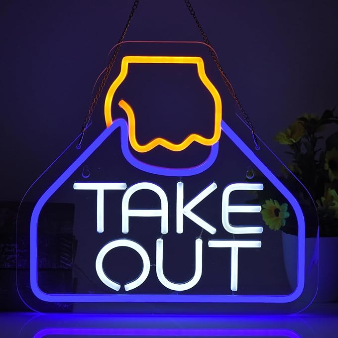 Take Out Neon Sign Business Carry Out Take Away Led Light up Sign with Dimmable Switch for Restaurants Store Drink Shop Cafe USB Powered 13.8" x 12.6" Handmade LED Neon Tubing Signs