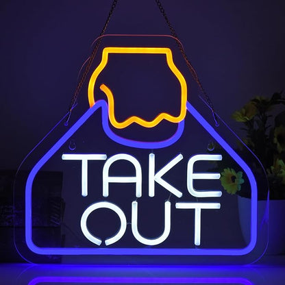 Take Out Neon Sign Business Carry Out Take Away Led Light up Sign with Dimmable Switch for Restaurants Store Drink Shop Cafe USB Powered 13.8" x 12.6" Handmade LED Neon Tubing Signs