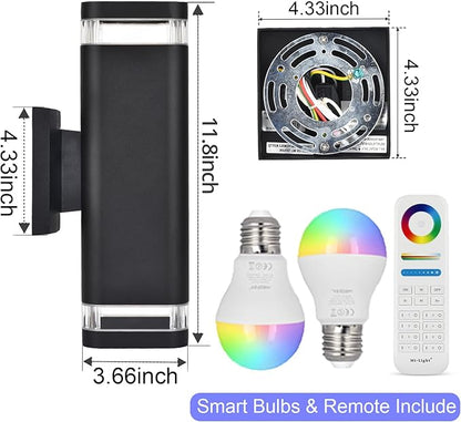 wowlite Smart Up and Down Lights Outdoor 2 Pack, RGBCW Exterior Lighting Fixtures WiFi App Control 2700K-6500K Ambience Wall Sconce Light Color Changing, Black Exterior Lights for House Porch Patio