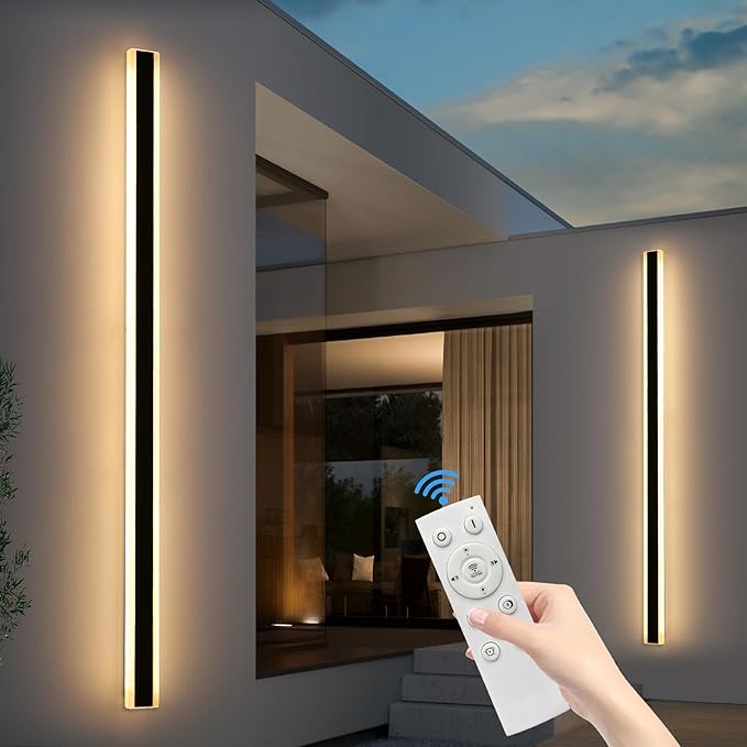 2 Pack Modern Outdoor Wall Light, 71inch LED Long Linear Wall Sconce Dimmable 3000K-6000K, IP65 Waterproof, Exterior Wall Mount Lighting for House, Porch, Patio, Yard, Garage with Remote Control