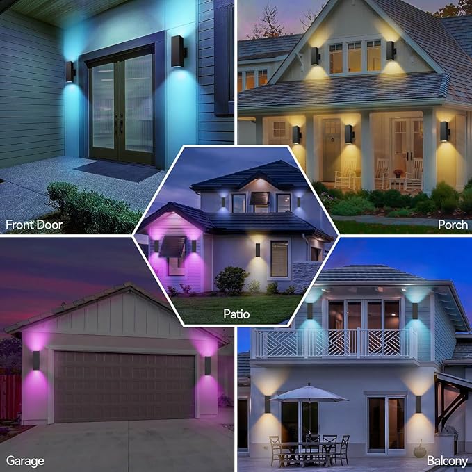Outdoor Wall Lights 2 Pack, Aluminum Exterior Lighting Fixtures Dusk to Dawn Outdoor Lighting Color Changing Porch Lights with Matte Black Finish, Up and Down Lights Control with App and Voice