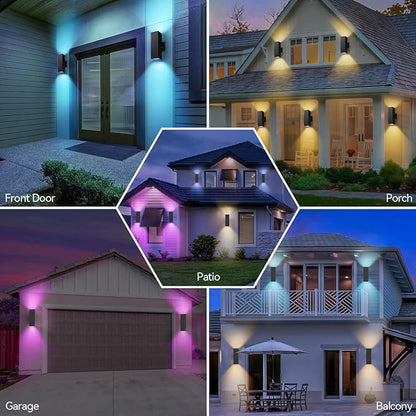 Outdoor Wall Lights 2 Pack, Aluminum Exterior Lighting Fixtures Dusk to Dawn Outdoor Lighting Color Changing Porch Lights with Matte Black Finish, Up and Down Lights Control with App and Voice