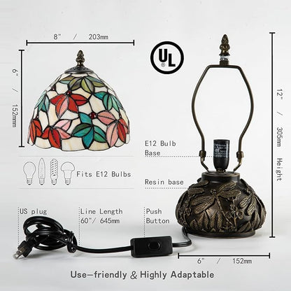 Tiffany Style Stained Glass Mushroom Table Lamp 8" White Red Green Maple Leaf Floral Shade Nightstand Light for Bedroom Dorm Living Coffee Office Housewarming Gift (White Maple Leaf)