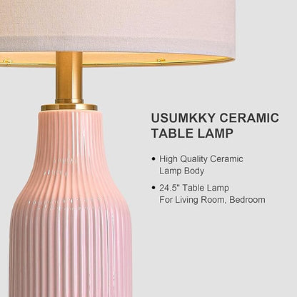 24.5" Modern 3-Way Dimmable Touch Control with USB A+C Ceramic Lamps Set of 2 Table Lamp for Living Room Bedroom Farmhouse Nightstand Bedside Pink