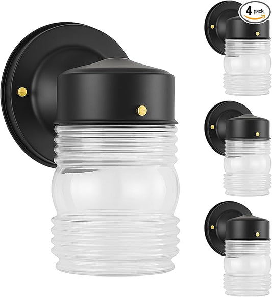 OHLECTRIC Outdoor Wall Sconce Wall Light (4-Pack) Jelly Jar Design, Vintage Clear Ribbed Glass, Dimmable & LED Compatible, Wet-Rated, Matte Black, Ideal for Porch, Patio, Garage, 5.75"x7.5"