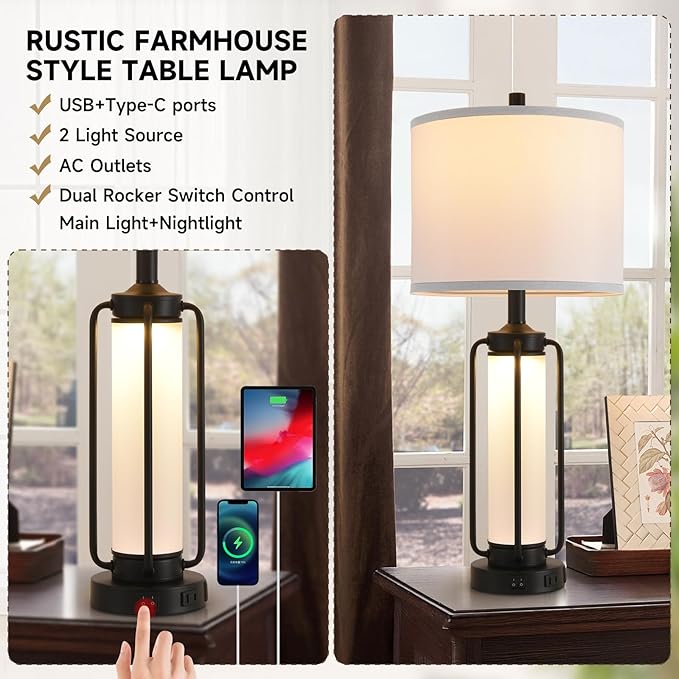 Terpsichore Farmhouse Lamps for Living Room Rustic Bedside Lamp Lamps Set of 2,Vintage Bedroom Nightstand Table Lamp Rocker Switch & USB A+C Ports & AC Outlet,Built-In Frosted Glass Night Light