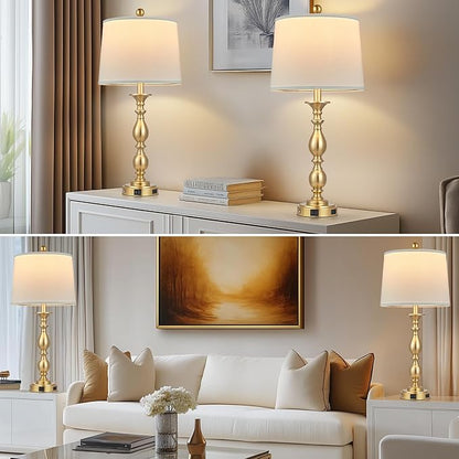 28" Tall Modern Table Lamps Set of 2 with USB A+C Ports and AC Outlet, 3 Way Touch Metal Bedside Lamps for Bedroom, Gold Farmhouse Nightstand Lamps for Living Room