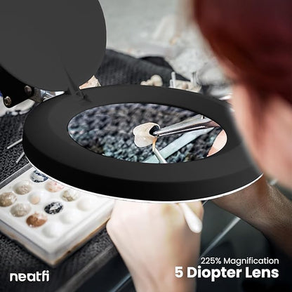 Neatfi (New Model) LED Magnifying Lamp with Clamp, 5D Magnification, 120Pcs SMD LEDs, 12W, Adjustable Color Temperature (Black, 5-Inch Lens, 5 Diopter)