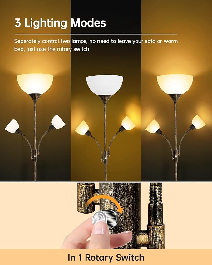 Floor Lamp, Standing Lamp, 71" Tall Lamps for Living Room, 3 Way Switch, Plastic Lampshade, Torchiere Tree Lamp with Reading Light, Modern Pole Lamps for Bedroom E26 Base(No Bulb, Rustic Bronze)