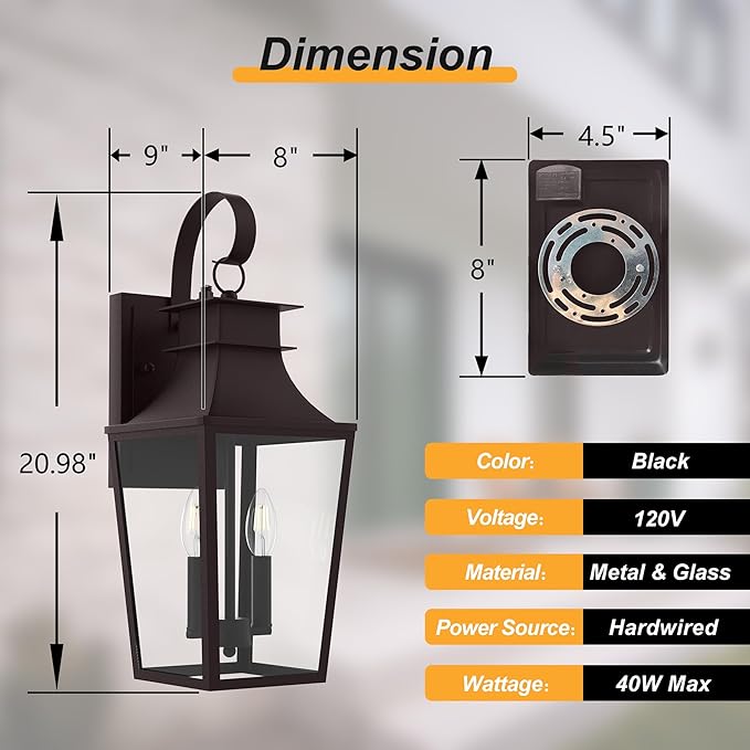 Outdoor Wall Sconces 2-Light, 20.98" Waterproof Wall Lantern Exterior Wall Mount with Tempered Glass, Oil Rubbed Bronze Dusk to Dawn Outdoor Lighting for Patio, Front Door, Garage