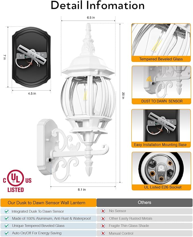 VIANIS 2 Pack Outdoor Sconce Lighting, White Exterior Wall Lights for House, Modern Dusk to Dawn Porch Lights Lantern Light Fixture, Anti-Rust Waterproof Garage Outside Lights for Patio Wall Mount