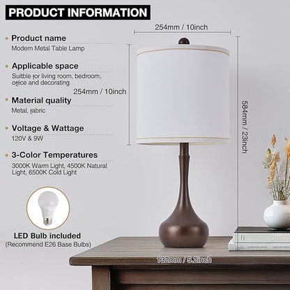 23" Farmhouse Table Lamp Set of 2, Brown Metal Modern Bedside Lamps for Living Room, 3 Color Temperature Rustic Table Lamps for Bedroom, Night Stands, Dorm,Office, Home Décor (Bulb Included)
