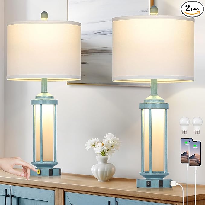 Farmhouse Table Lamps for Living Room, 27" Vintage Rustic Beside Lamp Set of 2 with USB A+C Charging Ports & AC Outlet, Retro Nightstand Lamp with Fabric Shade for Bedroom Entryway(4 Bulbs Included)