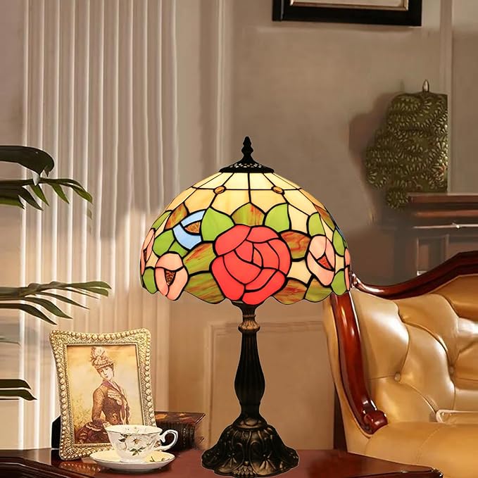 Tiffany Style Table Lamp, Stained Glass Bedside Lamp, Handmade Antique Desk Lamp, Red Rose Pattern, for Living Room Bedroom Home Office, Height 19 Inch, Width 12 Inch, Include LED Bulb