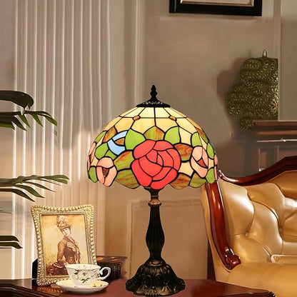 Tiffany Style Table Lamp, Stained Glass Bedside Lamp, Handmade Antique Desk Lamp, Red Rose Pattern, for Living Room Bedroom Home Office, Height 19 Inch, Width 12 Inch, Include LED Bulb