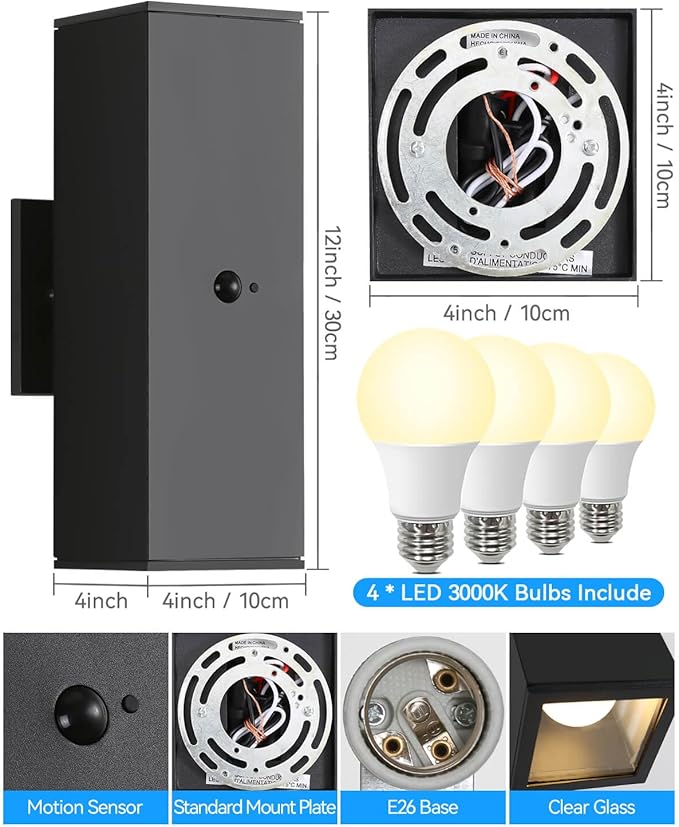 Motion Sensor Outdoor Lights 2 Pack, Modern Outdoor Wall Lights Black Porch Light with E26 Base, Square Motion Detector Lights for Outside, Waterproof Sconce for House Doorway, Bulbs Included