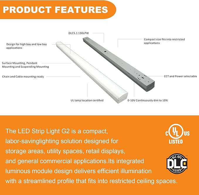 4FT LED Strip Light, 45W/38W/34W Selectable, 3500K/4000K/5000K CCT Tunable, 120–277V, 130 LM/W, 0–10V Dimmable, DLC 5.1S, UL Listed, Commercial Linear Fixture