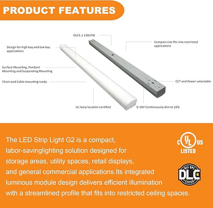 4FT LED Strip Light, 45W/38W/34W Selectable, 3500K/4000K/5000K CCT Tunable, 120–277V, 130 LM/W, 0–10V Dimmable, DLC 5.1S, UL Listed, Commercial Linear Fixture