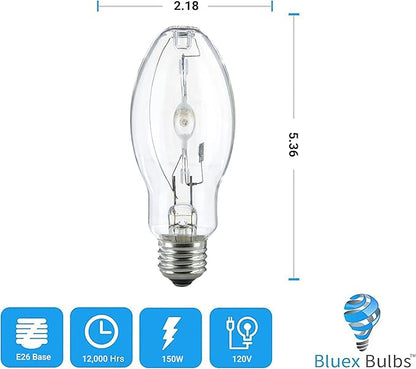 Bluex Bulbs (3 Pack MH150/U/MED 150W Metal Halide Bulb Pulse Start ED17 Medium Base E26 Clear HID Lamp 14000 Lumens