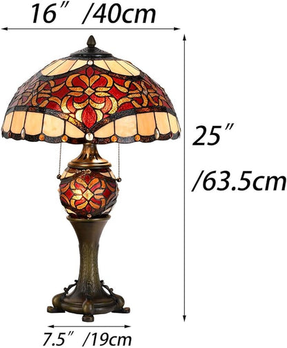 Bieye L10802 Baroque Tiffany Style Stained Glass Table Lamp Lighted Base for Living Room Bedside Home Decoration (16-inch, Red)