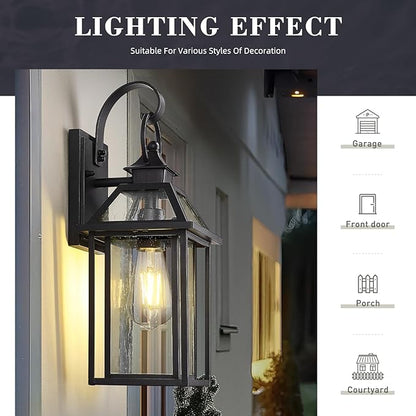 zeyu Outdoor Wall Mount Light Sconce, 16.3 Inch Farmhouse Exterior Wall Light for Garage in Black Finish, Die-Cast Aluminum with Seeded Glass Shade, ZW114B BK