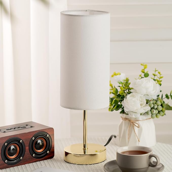Small Nightstand Table Lamp for Bedroom, Round White Fabric Shade and Gold Metal Base, Modern Minimalist Bedside Lamps for Dresser, Living Room, Office, College Dorm, Warm Light, 5W LED Bulb Included