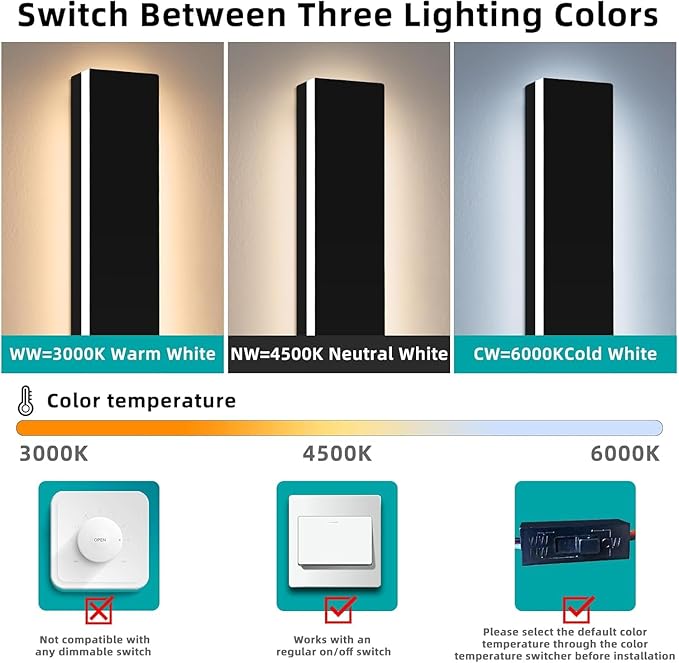 Upgrade Widened 2 Pack Outdoor Modern LED Wall Light, 47.2inch Long Black Wall Sconces, 3 Color 3000K/4500K/6000K, IP65 Waterproof, 42W, Exterior Lighting Fixture for House, Fence, Yard, Patio