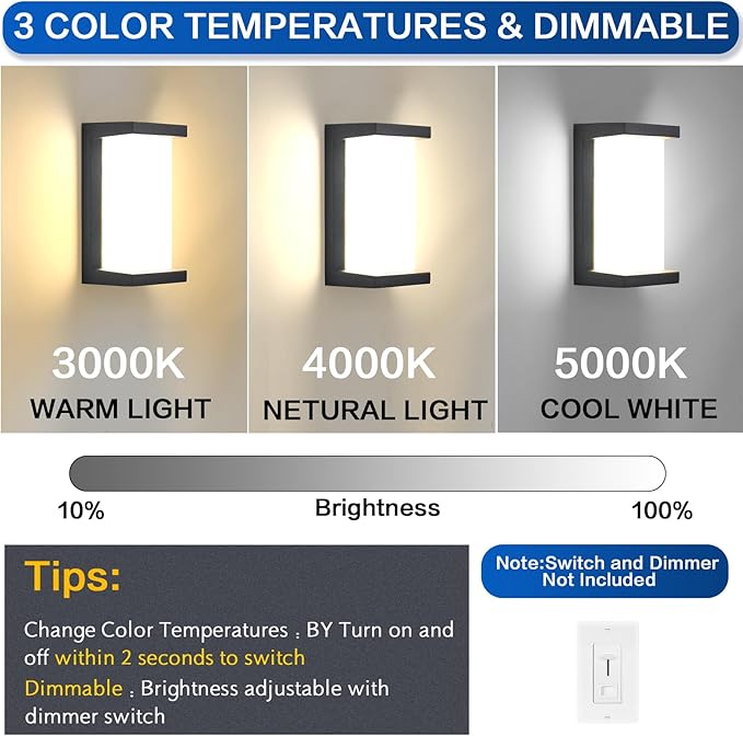 Outdoor Light Fixtures Wall Mount 2 Pack, 3 Colors & Dimmable Exterior Wall Lights for House, Front Porch & Patio