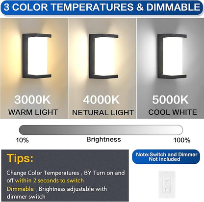 Outdoor Light Fixtures Wall Mount 2 Pack, 3 Colors & Dimmable Exterior Wall Lights for House, Front Porch & Patio