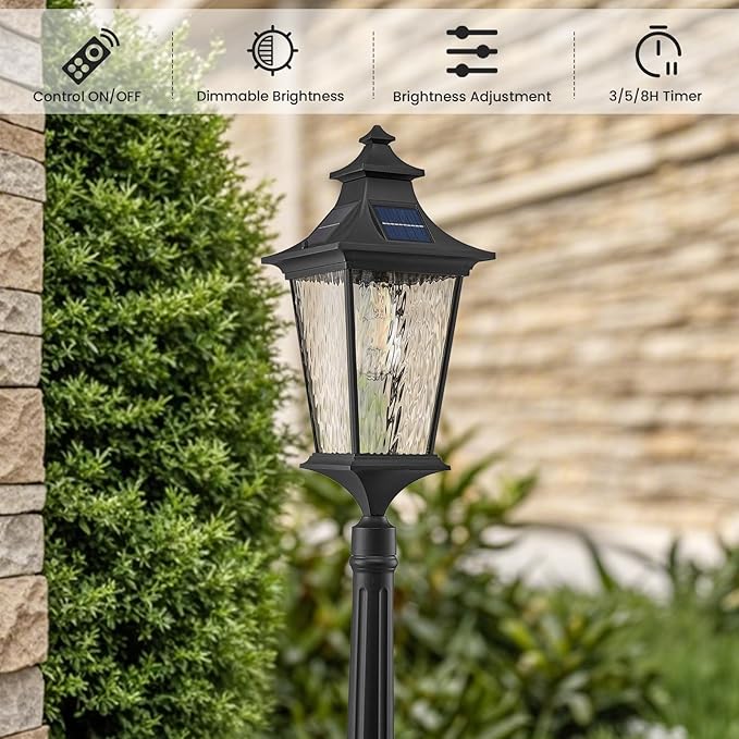 47.3 Inch Black Solar Lamp Posts Outdoor Waterproof Aluminum Solar Pole Lights with Water Ripple Glass Dusk to Dawn Outdoor Post Lights Hard Wired Include Remote Control and LED Bulb