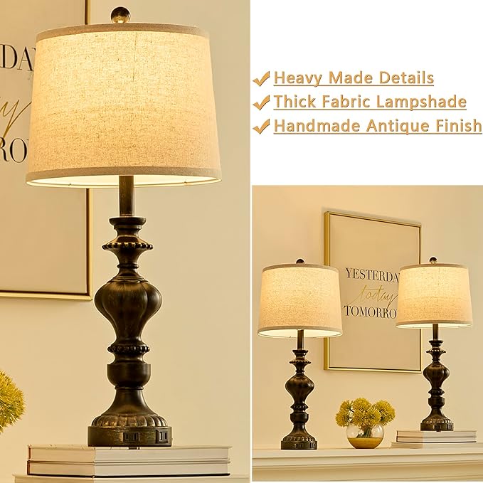 27.5" Farmhouse Table Lamps Set of 2 Bedside Nightstand Lamp with USB C+A Ports & AC Outlet, 3 Way Dimmable Lamps for Bedroom Living Room Office Rustic Lamp (Rotary Switch-Black)
