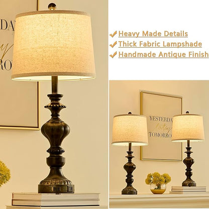 27.5" Farmhouse Table Lamps Set of 2 Bedside Nightstand Lamp with USB C+A Ports & AC Outlet, 3 Way Dimmable Lamps for Bedroom Living Room Office Rustic Lamp (Rotary Switch-Black)