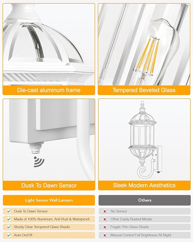 VIANIS Dusk to Dawn Porch Lights Outdoor, Classic White Outdoor Wall Lights, Anti-Rust Outside Lights for House with Tempered Beveled Glass, Waterproof Exterior Lighting Fixtures for House, Entryway