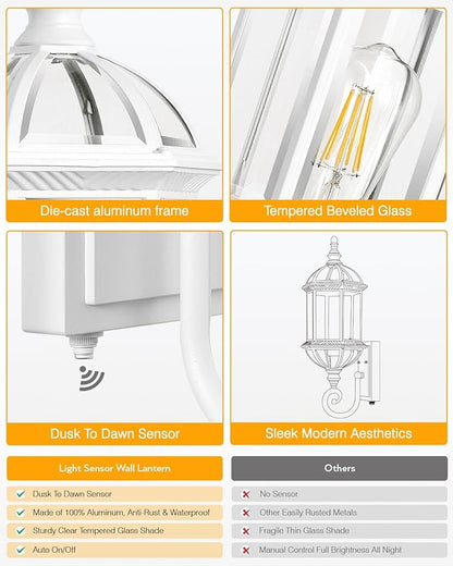 VIANIS Dusk to Dawn Porch Lights Outdoor, Classic White Outdoor Wall Lights, Anti-Rust Outside Lights for House with Tempered Beveled Glass, Waterproof Exterior Lighting Fixtures for House, Entryway