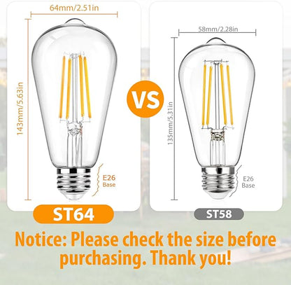 12Packs ST64 Large Vintage LED Edison Bulbs, 60W Equivalent 7W, 800Lumens, Dimmable Antique LED Filament, 2700K Warm White, E26 Medium Base Light Bulbs High Brightness Clear Glass for Bedroom Office