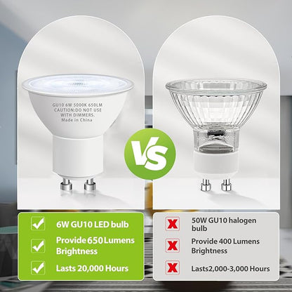 GU10 Led Bulb 6W Equivalent 50W, MR16 Led Bulb 5000K Daylight White Led Bulbs, 650 Lumens, Non-Dimmable, GU10 Base, 2 Prong Track Energy Saving Light Bulbs for Kitchen, Living Room, Bedroom, 10 Pack