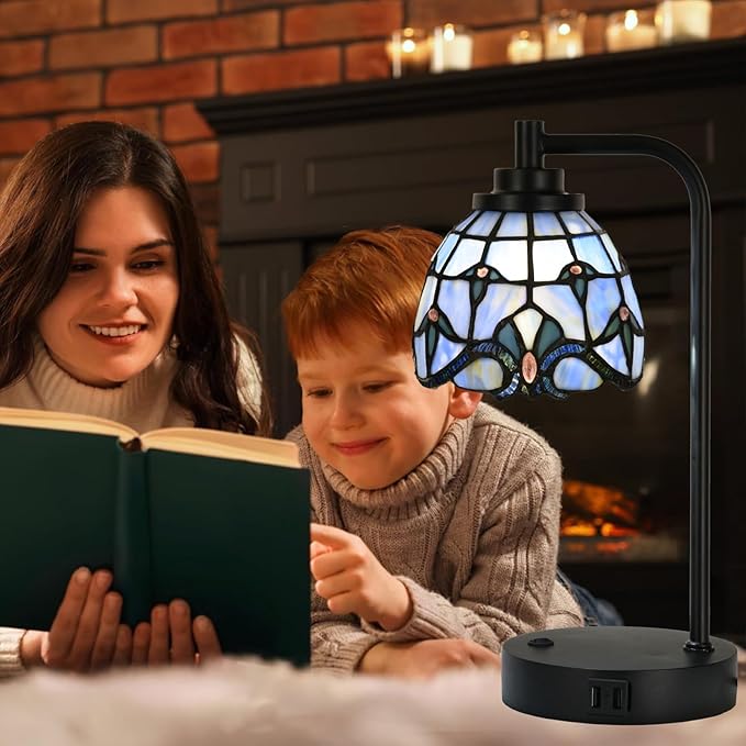 TL0016 Tiffany Table Lamp with 2 USB Charging Ports, Desk Lamp with Blue Baroque Stained Glass Lamp Shade, Retro Nightstand H 14.5" for Bedrooms Office Study, LED Bulbs Included (Blue)