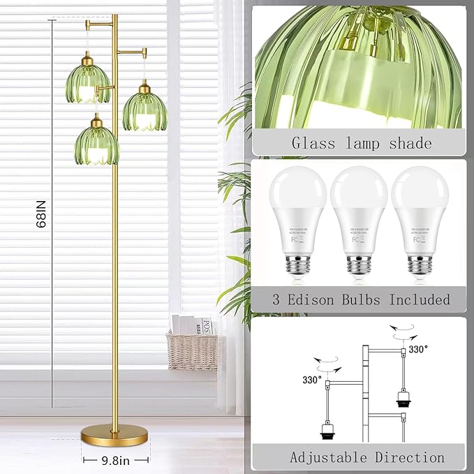 Glass Floor Lamp for Living Room,Bedroom,Gold Mid Century Modern Standing Lamp Brass Tree 3 Light Tall Floor Lamps Vintage Retro Floor Lights Green Flower Lamp Shade Farmhouse Boho Bohemian