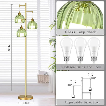 Glass Floor Lamp for Living Room,Bedroom,Gold Mid Century Modern Standing Lamp Brass Tree 3 Light Tall Floor Lamps Vintage Retro Floor Lights Green Flower Lamp Shade Farmhouse Boho Bohemian