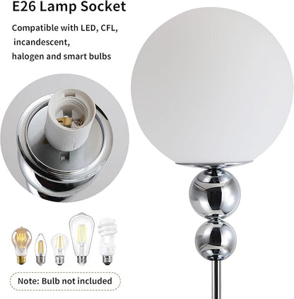 Modern Glass Floor Lamp for Bedroom, 63'' Vintage Mid-Century Floor Lamp with Milky White Frosted Glass Globe Shade for Living Room Corner, Slim Standing Reading Lamp for Office Decor (Chrome)